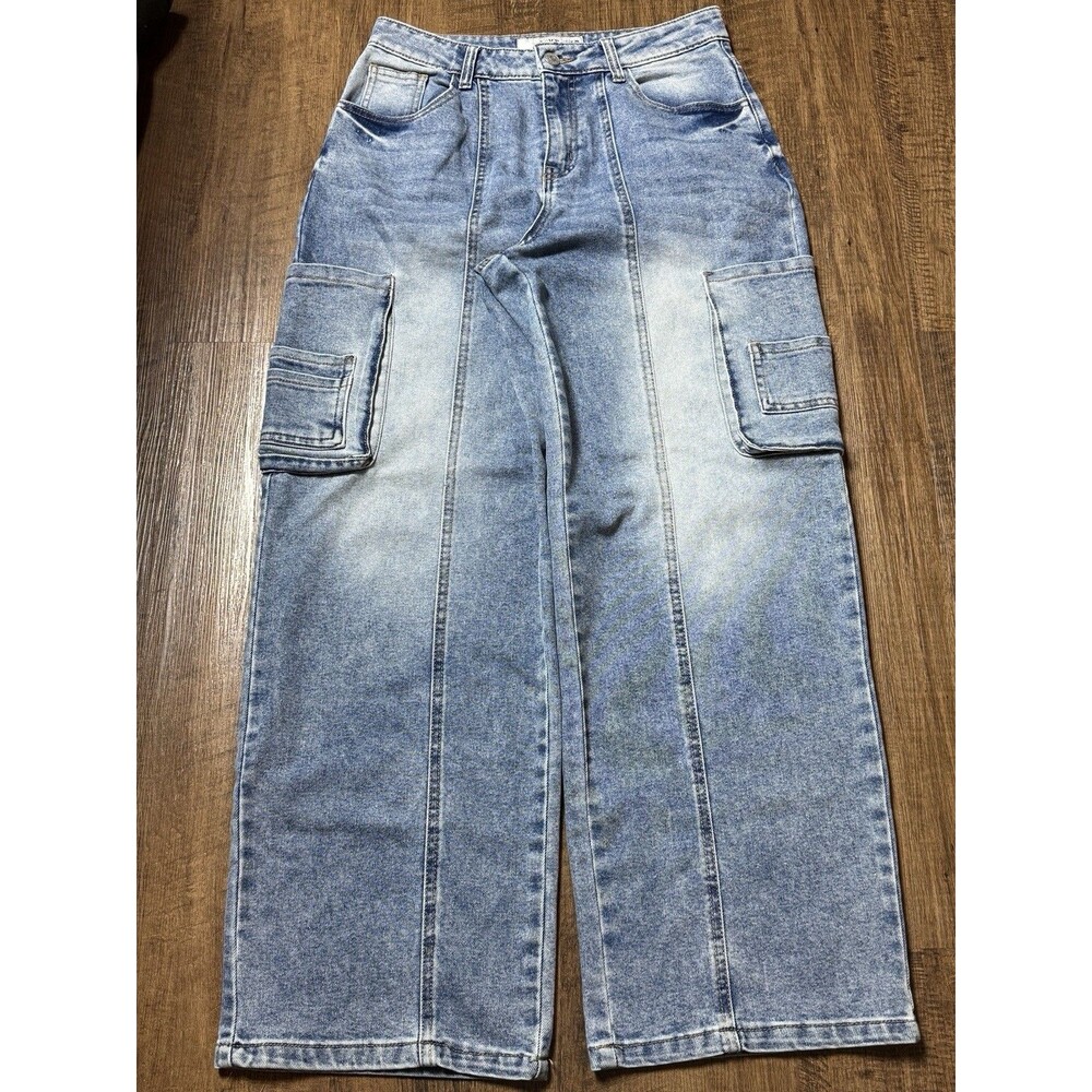 Love Cult Jeans Women Medium Cargo Pockets Wide Leg High Rise Denim Streetwear 9